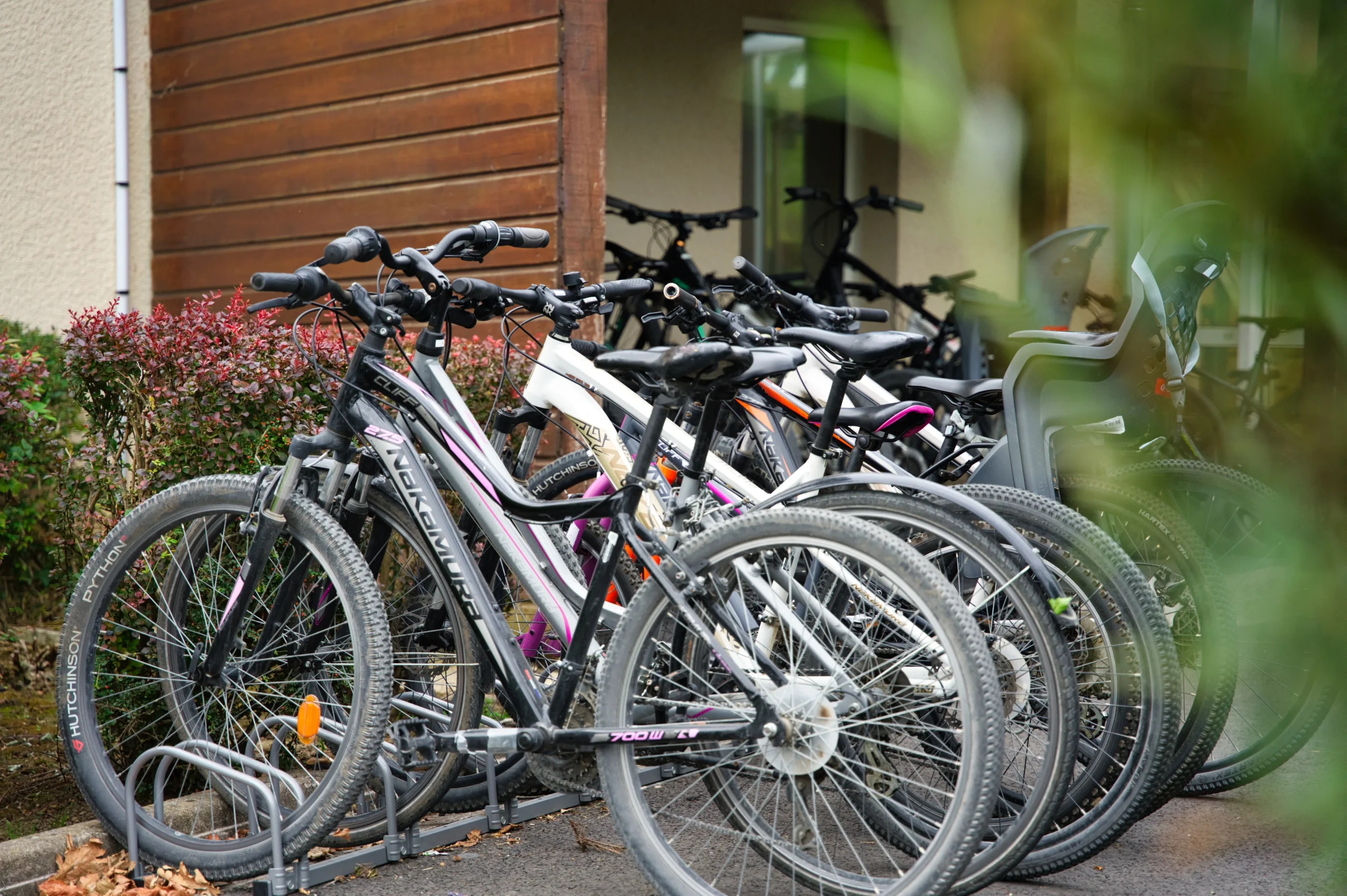 Rangée de vélos de location garés devant la façade en bois de la réception.